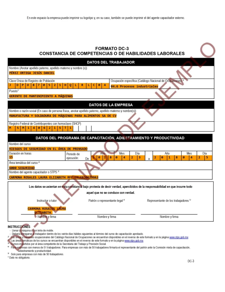 Formato DC3 STPS: Ejemplo de llenado para persona Moral